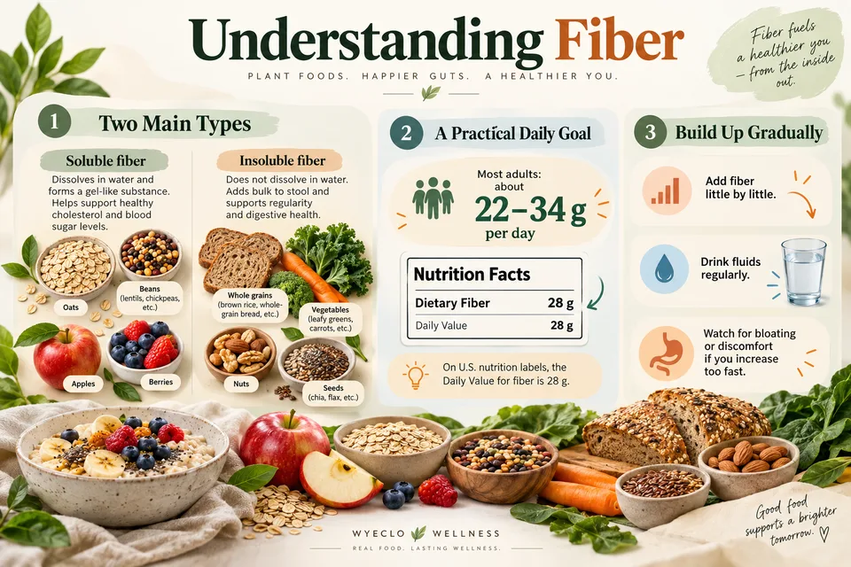 Illustrated educational chart comparing soluble and insoluble fiber food sources, a 22–34 gram adult reference range, the U.S. Nutrition Facts 28-gram Daily Value, and gradual increases.