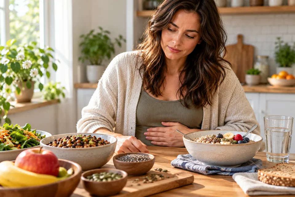 Woman resting a hand on her stomach beside a breakfast bowl, legumes, seeds, and water, illustrating digestive discomfort after an abrupt increase in fiber.