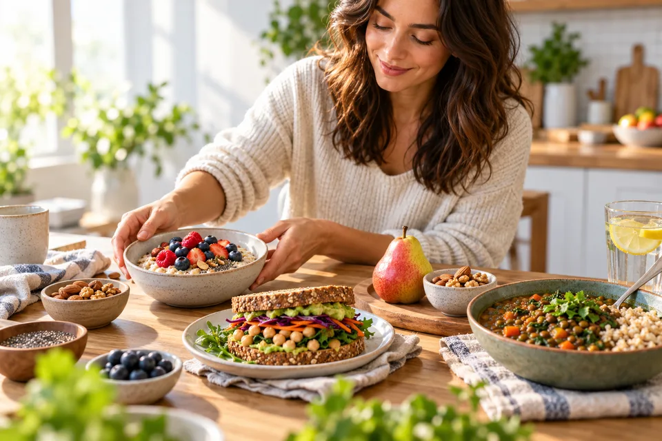 Oatmeal with berries, a chickpea sandwich, a pear, nuts, and a lentil-based meal arranged on a kitchen table to illustrate a varied high-fiber day.