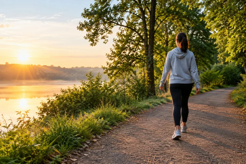 A woman walks along a tree-lined gravel path beside a lake at sunrise.