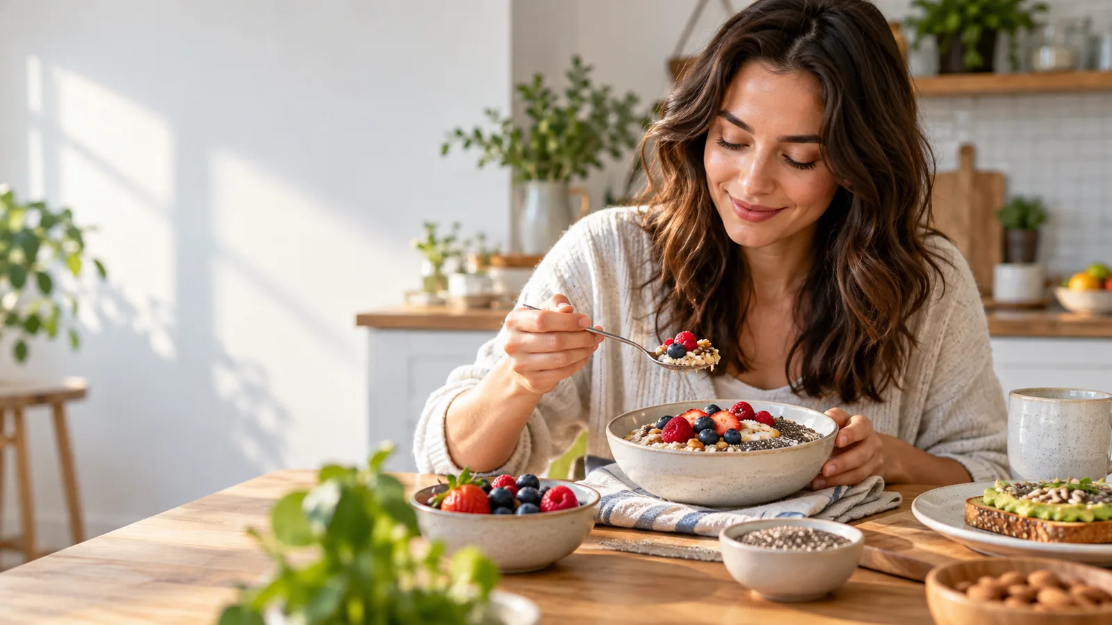 Woman eating oatmeal topped with berries and seeds at a kitchen table with nuts and whole-grain toast.